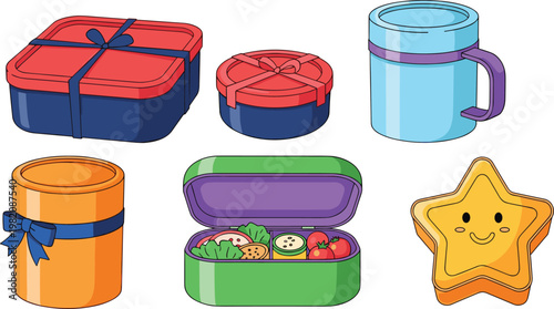 Cute lunch containers and mug vector illustration set featuring colorful food boxes jars and smiling star snack isolated on clean background for kitchen design