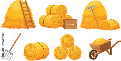 Farm hay bales and tools vector illustration set featuring straw stacks rolls pitchfork ladder and wheelbarrow isolated on clean background for agriculture design