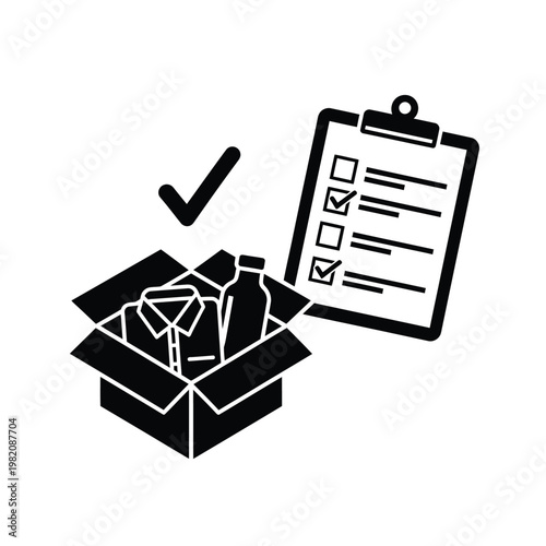 A black silhouette depicts a cardboard box filled with recyclable materials next to a checklist and a checkmark high quality