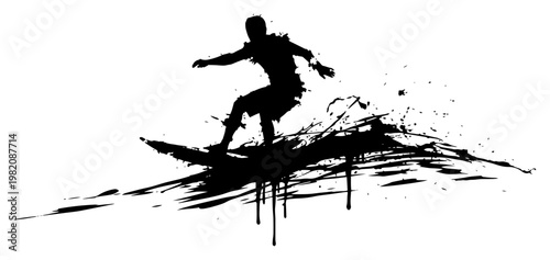 Surfer riding a big wave in dynamic ink splatter and splash style