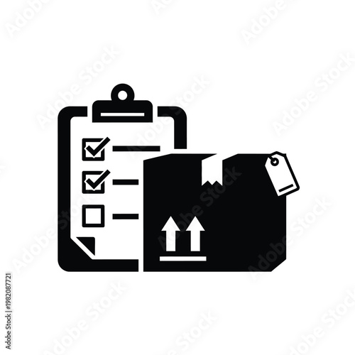 A black and white illustration depicts a clipboard with a checklist resting on top of a cardboard box high quality
