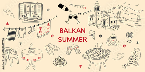 Hand-drawn Balkan summer doodle set with travel, food and lifestyle elements. Line art illustration featuring barbecue, coffee, seaside landscape, traditional houses and cozy outdoor scenes.