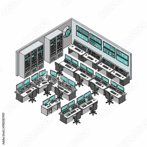 Isometric view of a modern control room with multiple computer stations and server racks.