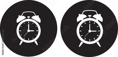 Two black circles with white alarm clock icons inside black circle white icon wake up graphic resources illustration minimalist isolated timepiece reminder collection contrast interface
