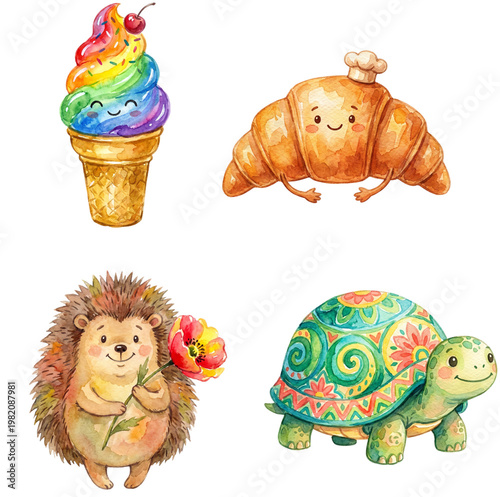 Whimsical illustrations of an ice cream cone, croissant, hedgehog, and turtle radiate charm and delight, inviting viewers into a world of sweetness and playful adventure.