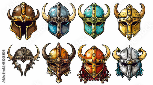 Collection of eight assorted, cartoonish horned helmets in varying colors and styles