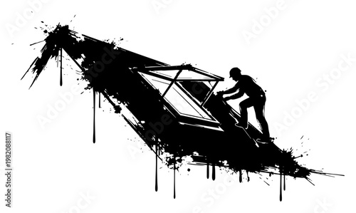 Roofer installing skylight window on house roof with black ink splatters and dripping paint grunge style