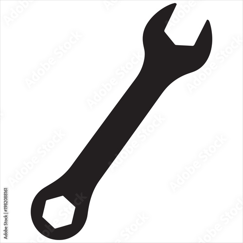 Black wrench icon, adjustable spanner tool, mechanical symbol, repair equipment