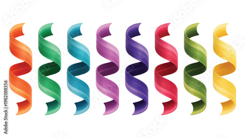 Vibrant collection of colorful twisted decorative ribbons and festive streamers in a spectrum of bright hues, ideal for celebration designs, party graphics, and modern abstract vector illustrations