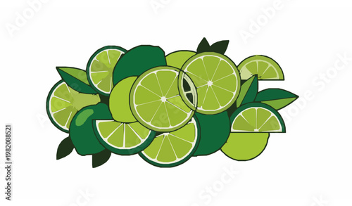 Bold abstract lime vector illustration with slices halves and leaves in modern geometric food design