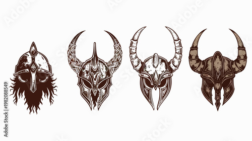 Four ornate Viking helmets in a row, textured with battle wear and brown/tan tones