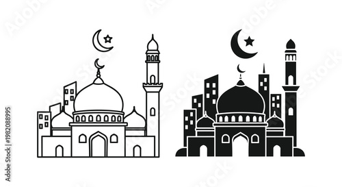 Mosque icons, Islamic architecture, crescent moon symbols, black and white vector illustrations, religious landmarks