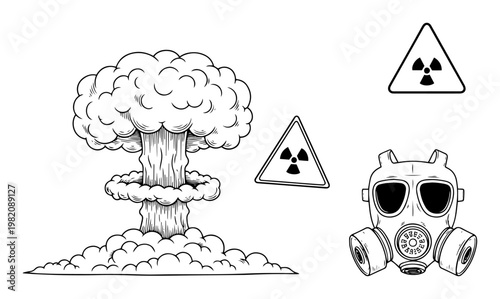 Atomic blast mushroom cloud collection with gas mask and radioactive hazard symbols in engraving style