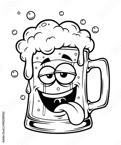Drunk beer mug character with foam and funny facial expression in bold cartoon line art style
