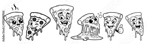 Pizza slices characters set with various funny faces in black and white comic line art style