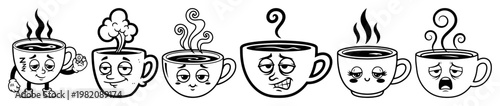Coffee cup characters with funny facial expressions in line art doodle style