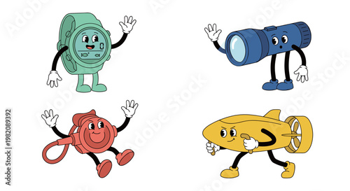Vintage Retro Cartoon Character Set Featuring Scuba Diving Equipment, Underwater Watch, Flashlight, Whistle and Submarine Icons for Summer Adventure