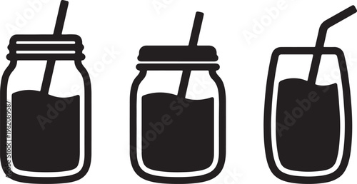 Cartoon vector art set featuring a glass of soda with ice, a metal beverage can, and a liquid container icon design isolated on a white background