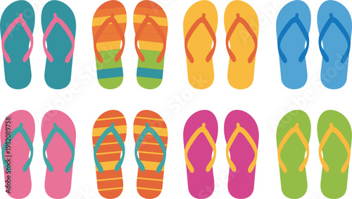 Flip flops collection set, colorful summer beach sandals, casual footwear vector illustration