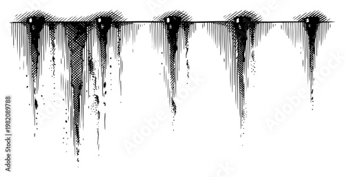 Dripping ink stalactites or melting icicles hanging in dark atmospheric grunge sketch style