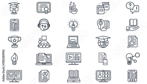 25 Black Vector Icon Set Collection for Online Education, E-learning, Business, and Technology. Minimalist Symbols for Science, Communication, Success, Digital Tools, Research, and Corporate Training.