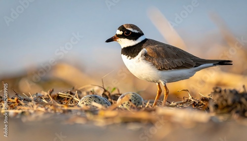 Small bird with black neckband stands near speckled eggs in a natural nest, blueish background
