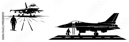 Fighter jet airplane on runway with pilot silhouette and military aircraft deck