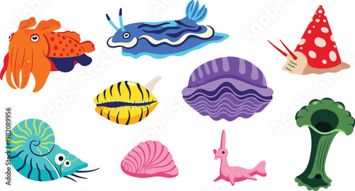 Colorful Marine Creatures Vector Set Featuring Shells, Snails, Nudibranchs, and Other Aquatic Animals for Ocean Illustrations