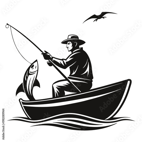 Fisherman sitting in boat with caught fish and seagull soaring in the sky