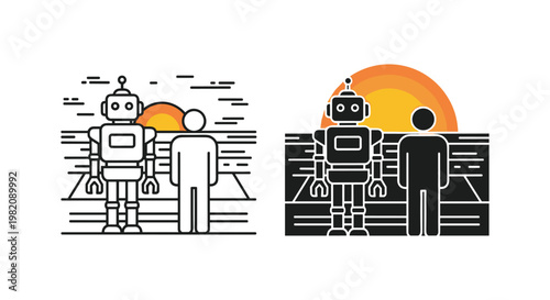 Robot, human, futuristic icons, line style, black and white, orange sunset