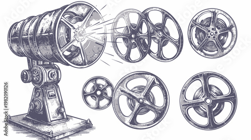 Detailed rendering of an old-fashioned film projector and scattered reels on white