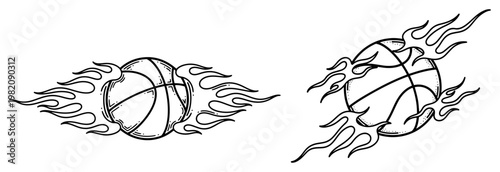 Basketball with fire flames on sides in hand drawn tattoo style