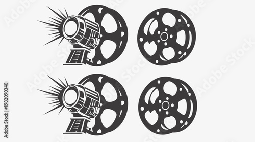 Stylized film reel with cinema projector on a white background; vintage themed image