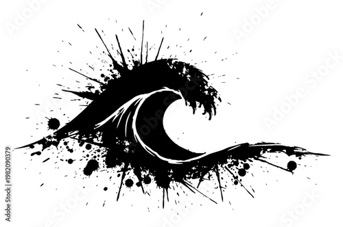 Ocean surfing wave with ink splatters in grunge style