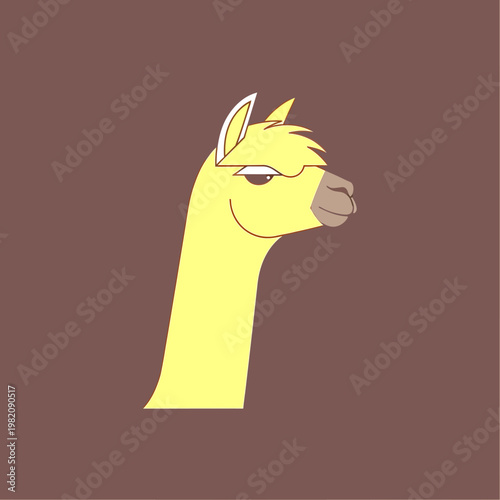 Cute yellow alpaca head illustration, minimalist vector graphic, side profile on a brown background, charming animal character design.