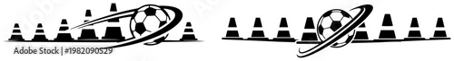 Soccer ball flying through training cones in sports exercise icons style