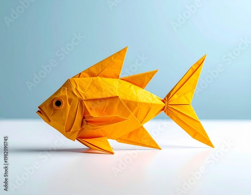 鮮やかな折り紙で作られた金魚：クリーンな背景に映える日本の伝統工芸をモチーフにしたフォトリアルな3Dレンダリング素材