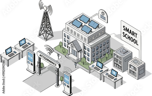 Isometric Smart School Illustration with Digital Learning Technology, Solar Energy, and Automated Attendance System