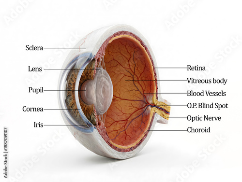 Human eye anatomy diagram showing iris, pupil, retina, lens, and optic nerve, medical illustration, Generative AI