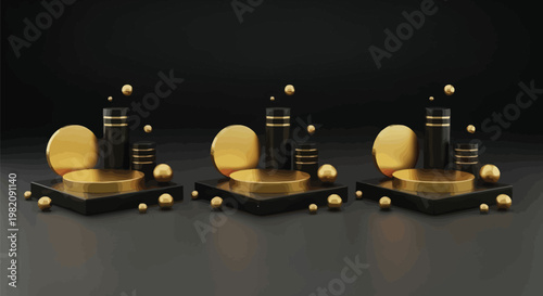 Golden 3D podiums, luxury display stands, metallic platforms