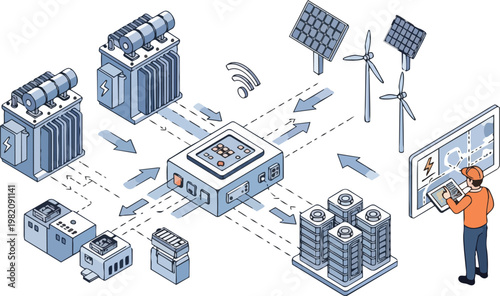 Smart Grid Energy Management System Isometric Illustration with Renewable Energy Sources, Solar Panels, Wind Turbines, Power Distribution, and Engineer Monitoring