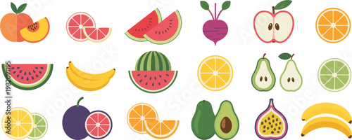 Fresh fruits collection set, colorful tropical and sliced fruits, healthy food vector illustration