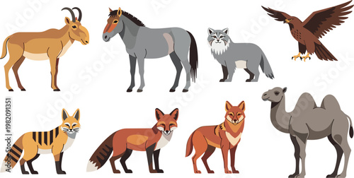 Photography Colorful Vector Set of Wild Desert Animals Including Antelope, Horse, Fox, Camel