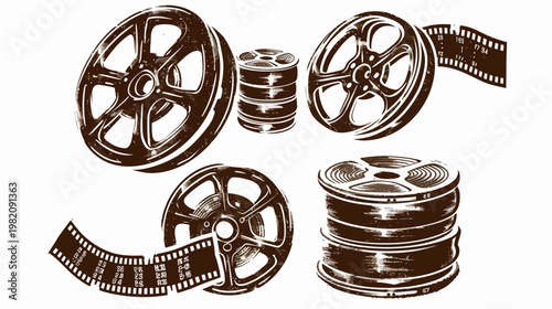 Film reels and strips in brown. Rough, textured, block-print style graphic