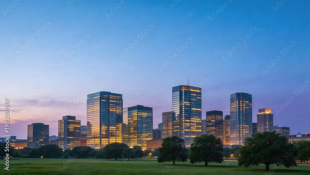 Fototapeta premium City skyline with illuminated buildings at dusk