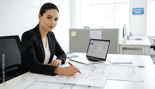 Confident female professional meticulously reviews architectural plans at her modern office desk, demonstrating diligent work and strategic planning