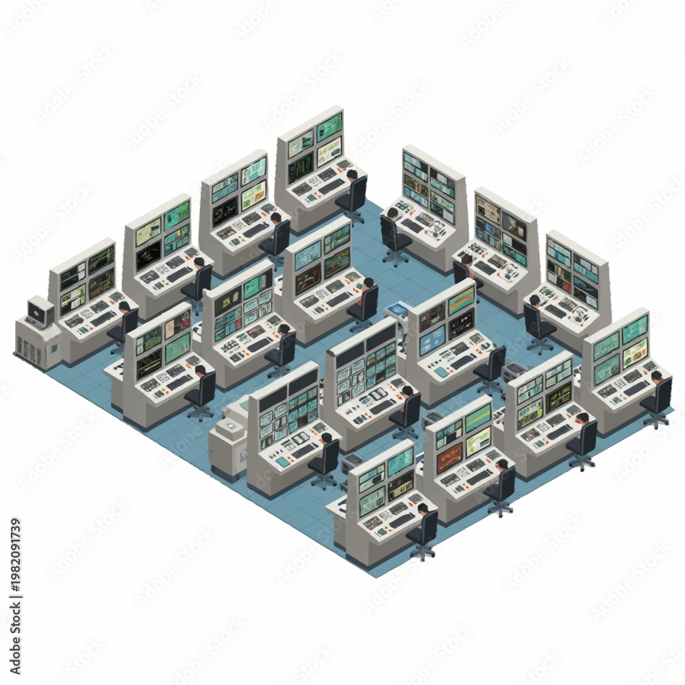 Obraz premium Isometric view of a modern control room with multiple computer consoles and screens.