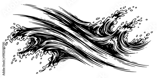 Crashing ocean waves with sea foam and spray in vintage engraving style