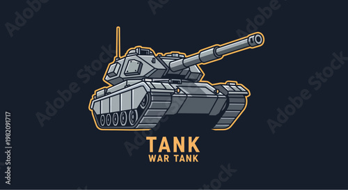 A detailed illustration of a modern military battle tank with its cannon extended, set against a dark background.
