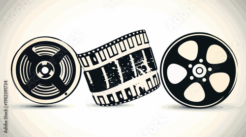 Film reel illustration. Two reels flank a strip of movie film on a white background